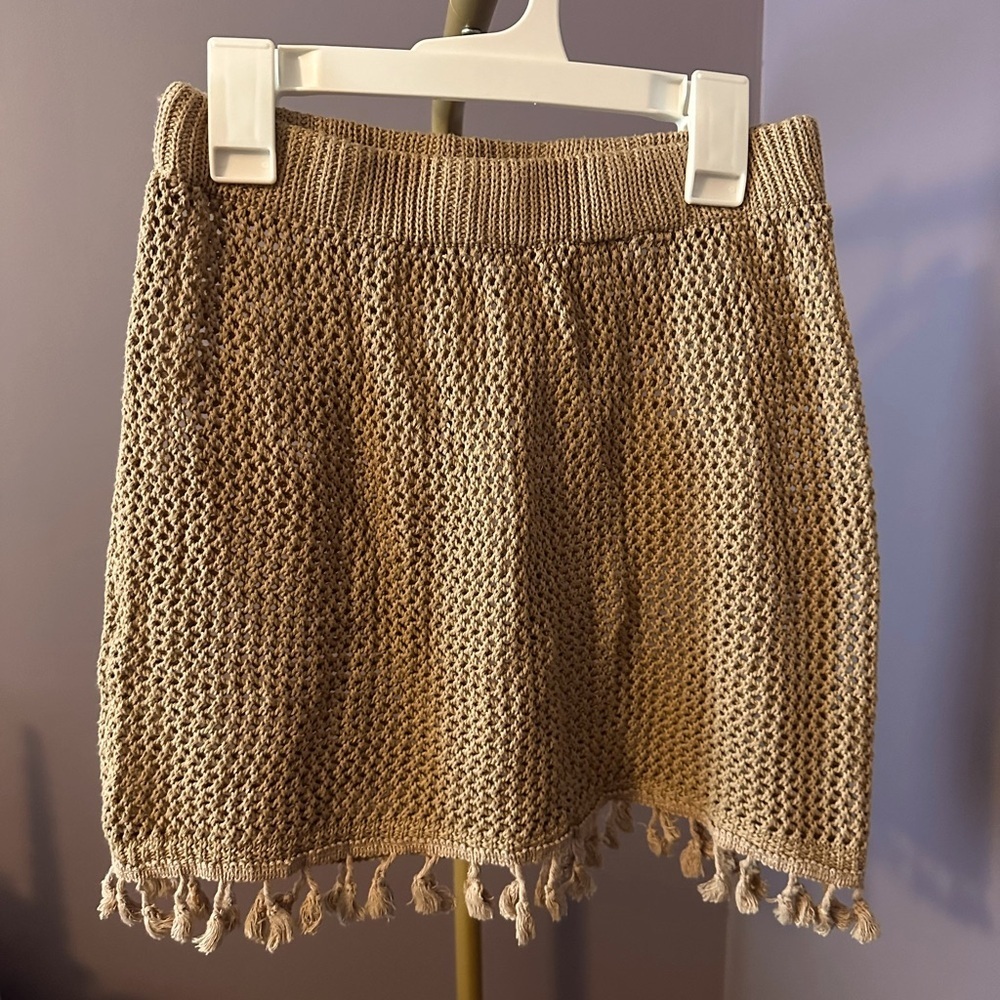 Knit Swimsuit Cover Up Fringe Tassel Skirt Taupe Brown M XS